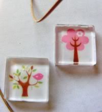 No Garland or Tinsel - Glass Tile Fridge Magnets ~Birdie in a Tree~ Set of 2