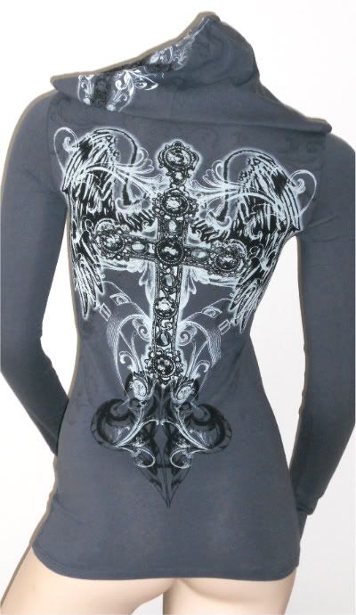 Cross Tattoo  Wings on Crystal Cross Fleur Angel Wings Tattoo Gray Hoodie T Shirt   Ed Hardy