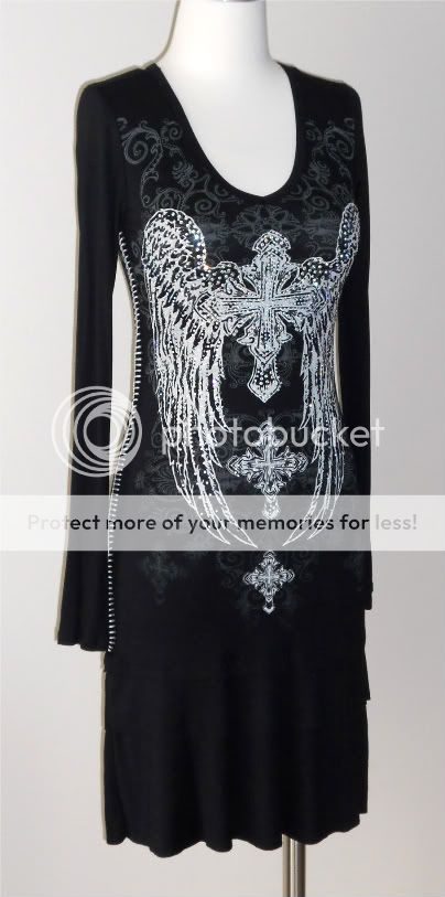 CRYSTAL CROSS ANGEL WINGS TATTOO BLACK RUFFLE DRESS TUNIC & ED HARDY 