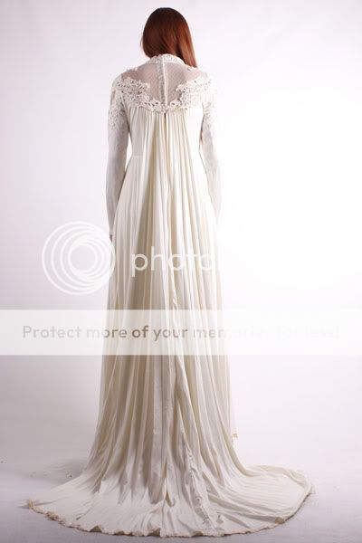 Vtg 70s Cream White Hippie Lace Mesh Pleated FISHTAIL Wedding gown 